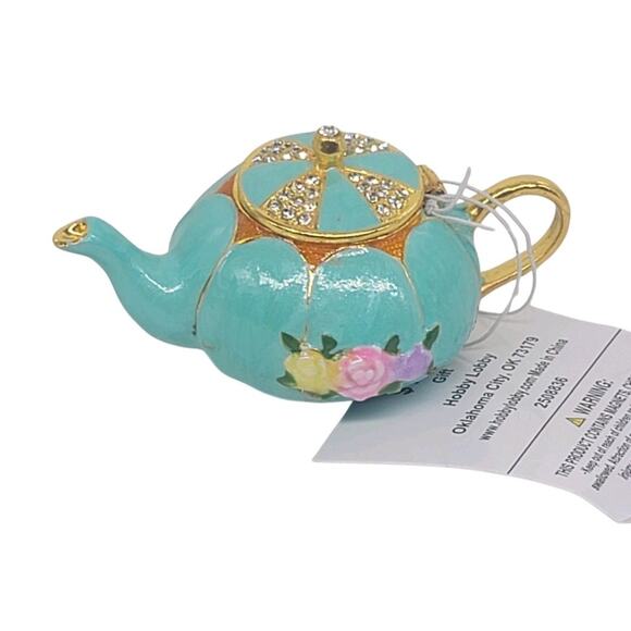 NEW Bejeweled Hinged Enameled Metal Trinket Box Turquoise Tiny Teapot NWT - Picture 1 of 6
